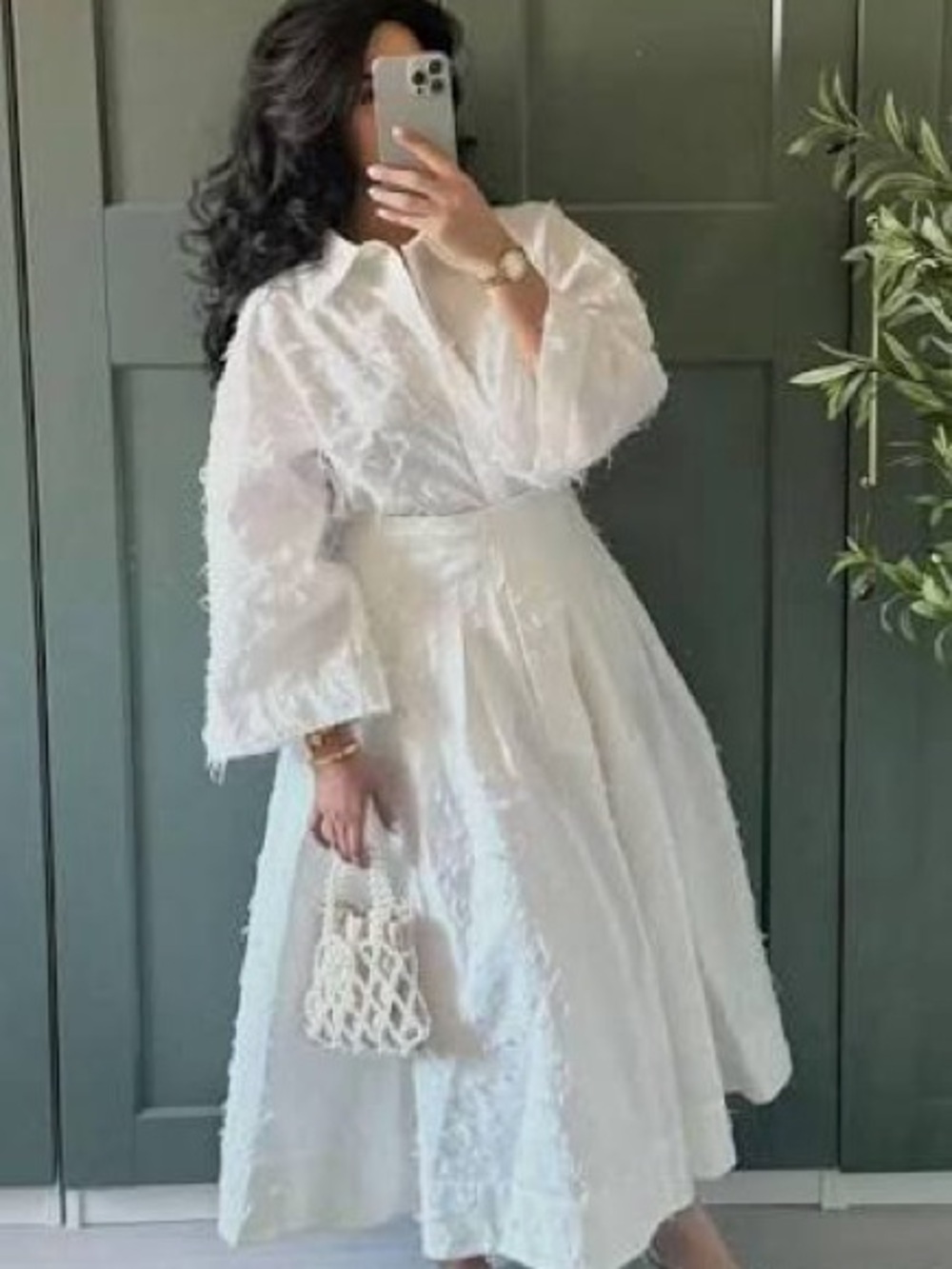 H&M EDITION White Textured A-Line Midi Skirt With Pockets